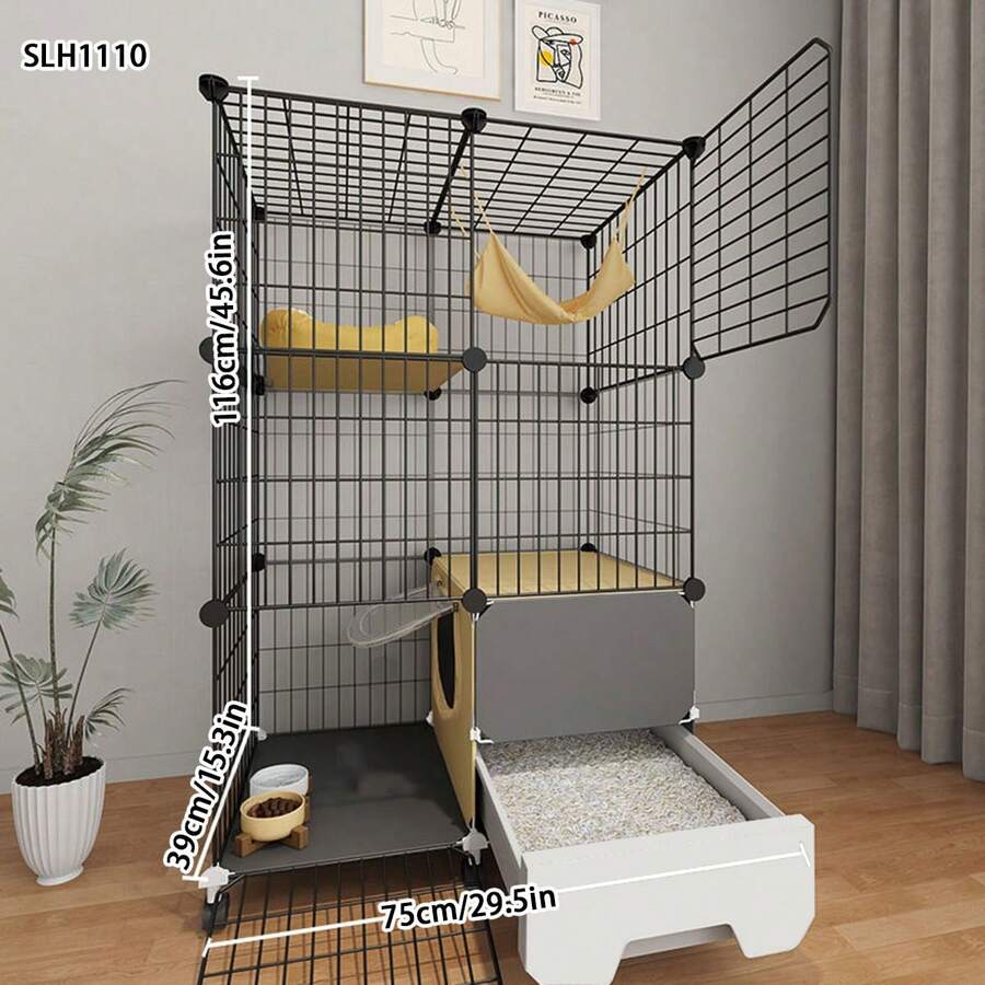 3-Tier Cat Cage With Drawer Litter Box, Assembled Metal Cat Cabinet, Pet Fence, Suitable For Kittens And Small Cats, Easy To Install