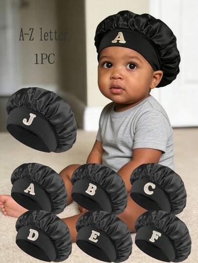 1PC Children's Smooth Satin Bonnet With Letter, Fashionable And Comfortable Sleep Cap, Breathable And Non-Slip, Daily Hair Care Hat