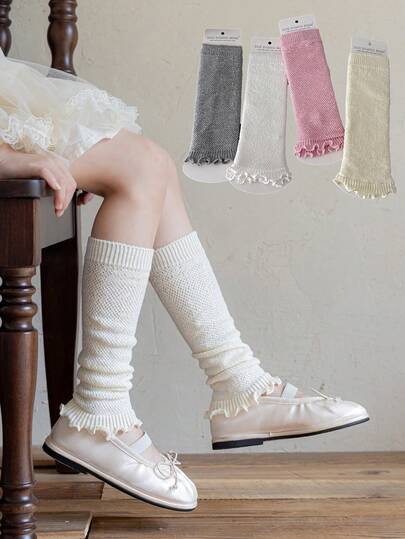 1双纯色透气网眼甜美女童中筒腿套，简约百搭休闲运动学生腿套，日常穿着荷叶边运动腿套