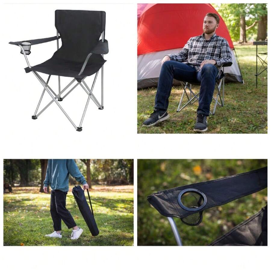 Folding Camping Chair With Cup Holder Quad Portable Outdoor Seat Black - 1 - View 1