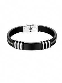 男士商务手链，黑色不锈钢链条和硅胶扣腕带 - 幾何 - 查看 1