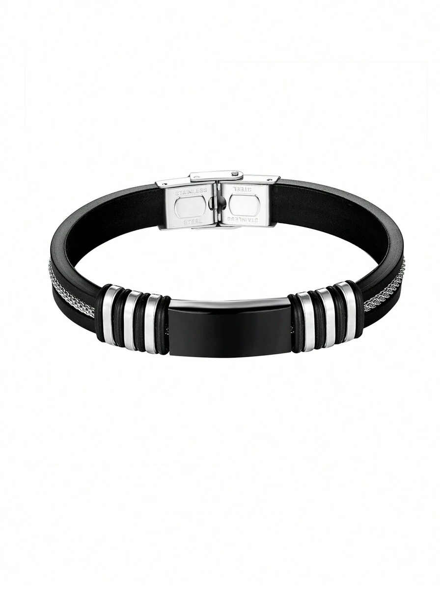 男士商务手链，黑色不锈钢链条和硅胶扣腕带 - 幾何 - 查看 1