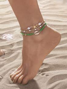 Set de 3 piezas de tobilleras de verano con estilo de playa, con estrella de mar y cuentas de concha de material de vidrio, para mujeres - Multicolor - Ver 19
