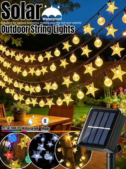 20/50/100 LED Solar Garden String Lights -8 Lighting Modes, Outdoor Solar Star&Crystal Ball String Lights, IP65 Waterproof Fairy Lights, Intelligent Light Sensing, Suitable For Gardens, Courtyards, Lawns, Fences, Walls, Weddings, As Well As Wedding Season, Parties, Birthdays, Easter, Festival Celebration Lights (Warm White/White/Color)