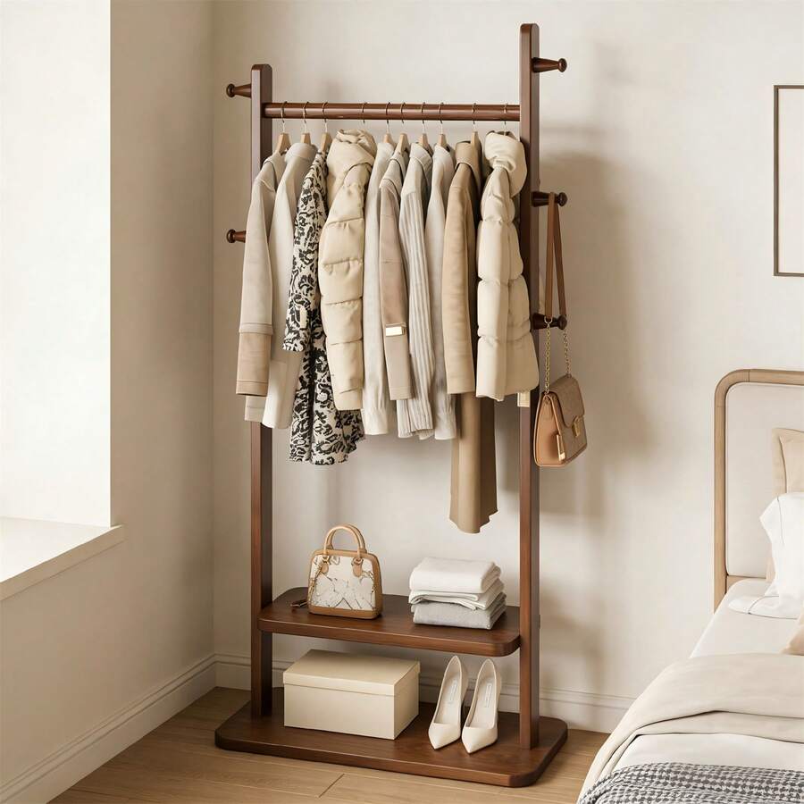 1Pc 163cm 5 Hooks 2 Shelves Freestanding Solid Wood Coat Rack With ...