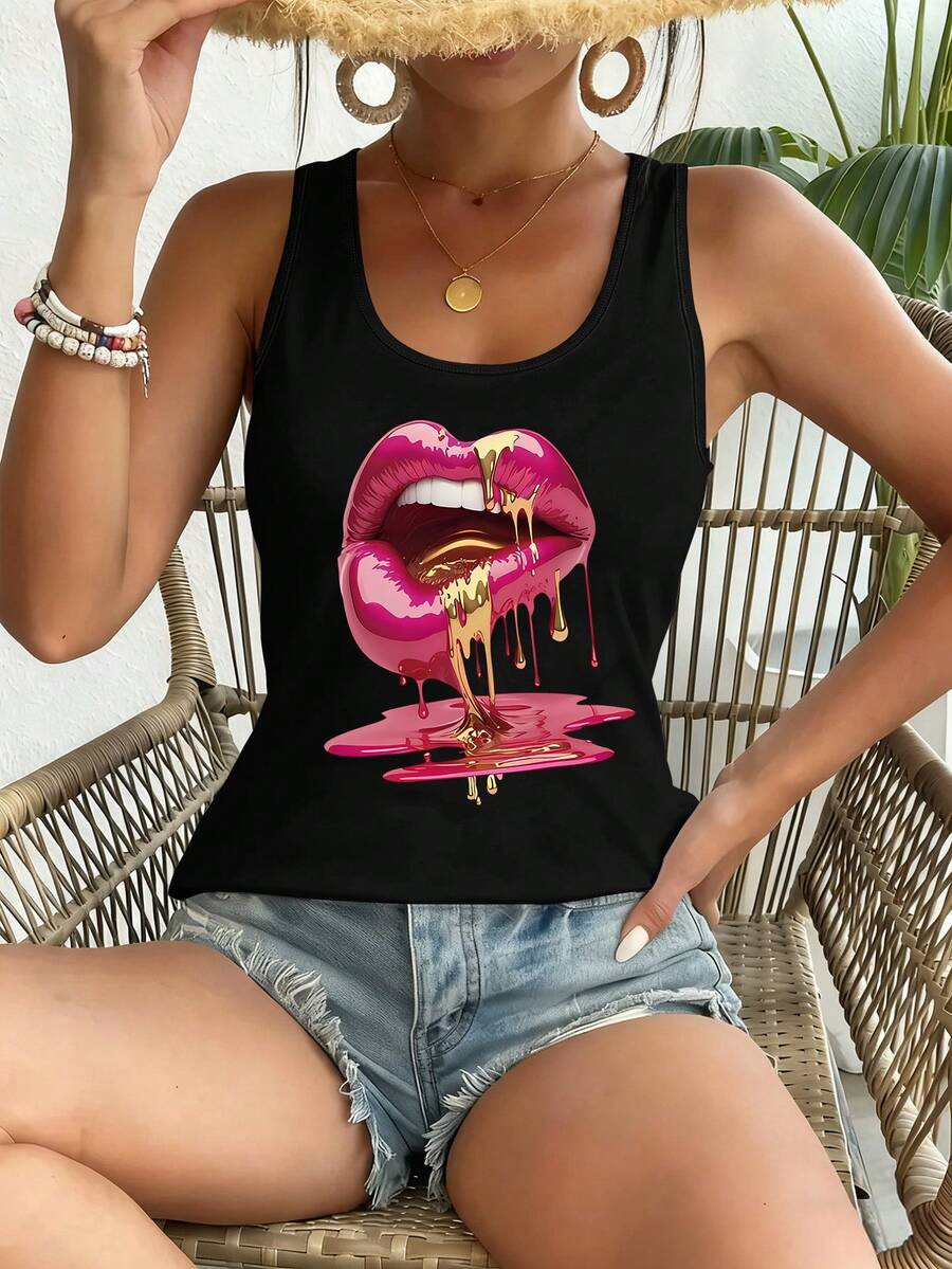 Haut sans manches pour femme, style Y2K, orné de perforations dorées et de lèvres en relief. Idéal pour l'été, à la fois doux et épicé. Convient pour un usage quotidien. Plusieurs couleurs disponibles. - Noir - Voir 1