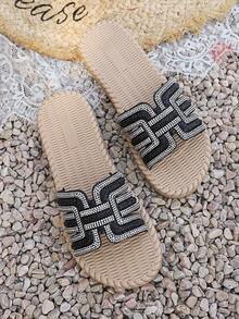 2026 New Elegant Women's Sandals, Rhinestone Leaf Design Pointed Toe Patent Leather Slingback Flats, Graceful High-End Slip-On Shoes - Black - View 6