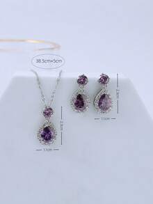 Set de 3 piezas: 1 par de pendientes de botón con lágrima de zirconia púrpura lujosos y brillantes y 1 colgante a juego con lágrima de zirconia, conjunto de joyas chapadas en oro de cobre para mujeres - Morado - Ver 2