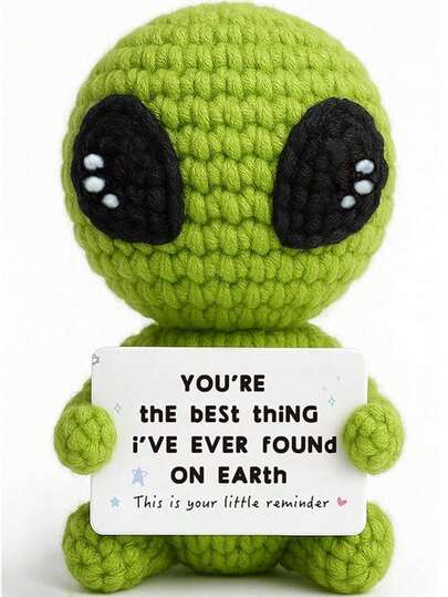 1pc Woven Sitting Alien Decor With Inspiring Words, Suitable As A Small Gift For Friends And Family. Home And Office Desktop Decoration, Cute Woven Decor Item Perfect For Home Living Room And Office Desk. The Handmade Woven Item Looks Adorable And Can Help Relieve Stress.