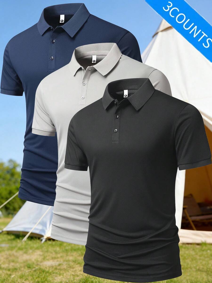 三件套男士时尚休闲Polo衫,户外运动骑行徒步约会短袖,适合送给男友 - 黑色 - 查看 1