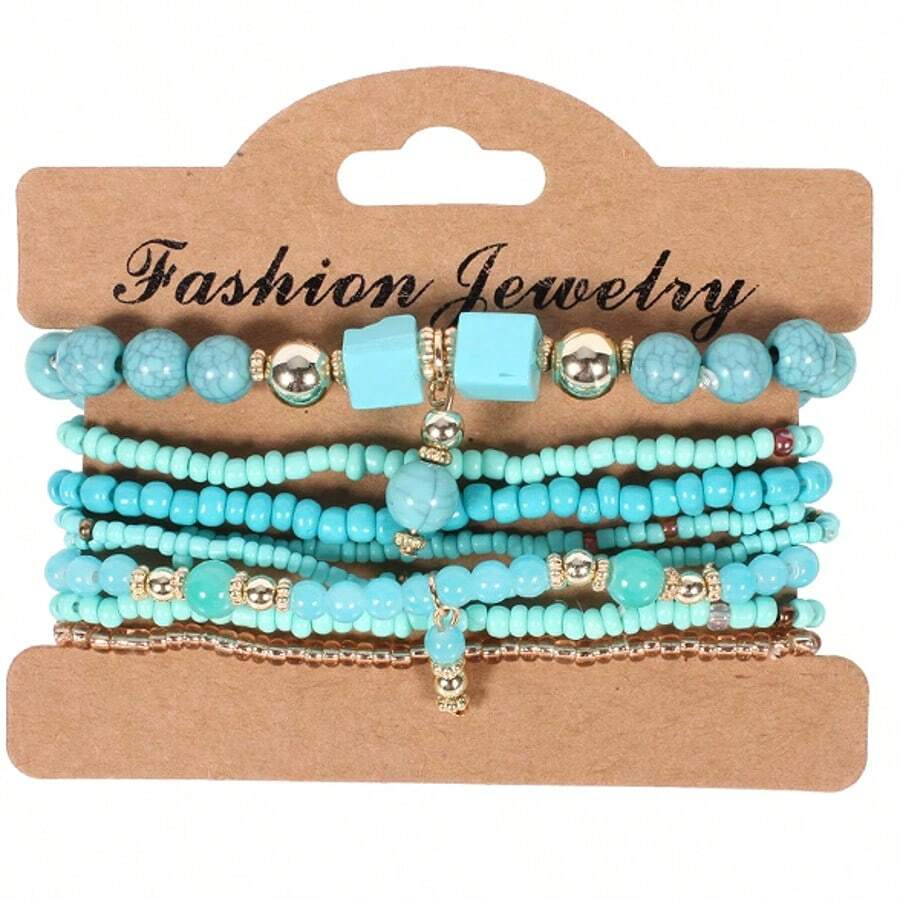 8件套波西米亚风玻璃绿松石水滴串珠手链，女士日常佩戴手链套装 - 綠松石色 - 查看 1