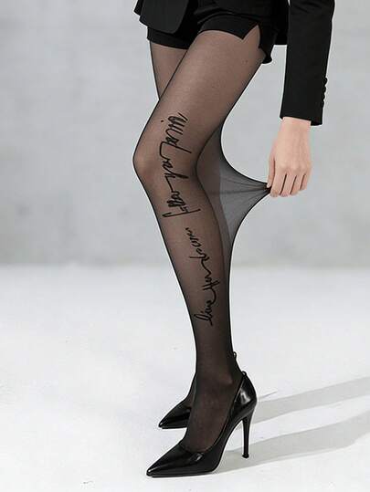 1 par de pantis transparentes con estampado de letras en los laterales para mujeres, medias sexys negras con jacquard con eslogan, medias elásticas para fiestas y uso diario