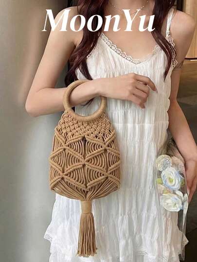 Women's Handbag, Round Handle Straw Bucket Bag With Tassel, Fashionable Elegant Lady Vacation Khaki Bag