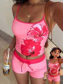 Women's Swimsuit Camisole, Elegant Sexy Ocean Print Lobster Crab Turtle Starfish Hibiscus Triangle Swimwear, Women's Crop Top With Built-In Bra Camisole Set, Suitable For Vacation, Beach, Pool And Sports, Autumn/Winter 2026 Spring/Summer, Music Festival, Basic, Graduation Ceremony, Women's Camisole And Spaghetti Strap Beach Outfit - 粉色 - 查看 2