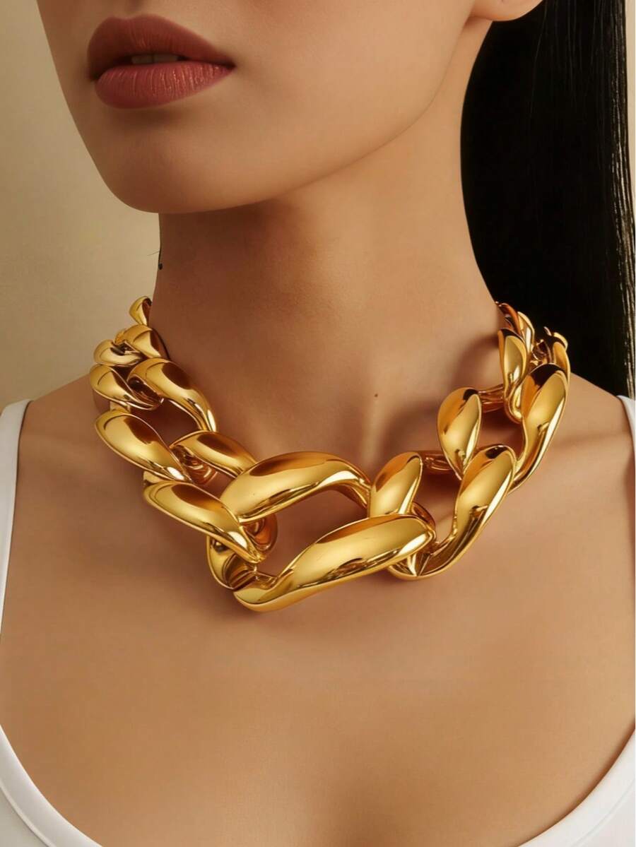1 pieza Joyería europea y americana de comercio transfronterizo, llamativo collar de cadena gruesa de metal geométrico punk de una sola capa - Collar de cadena grande - Ver 1