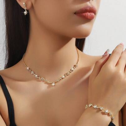Women's Sparkling Crystal Jewelry Set - Includes Delicate Tennis Chain Necklace, Bracelet, And Dangle Earrings, Suitable For Weddings, Parties, Galas, And Everyday Wear