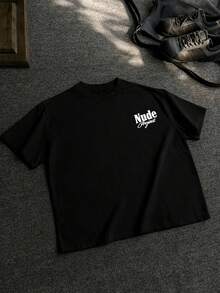 INFLATION Camiseta de manga corta con gráfico de letra de moda urbana para hombres - Negro - Ver 2