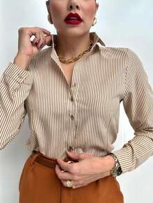 Camisa Feminina Listrada Social Com Botoes Manga Longa Tendecia - Bege - Visão 3