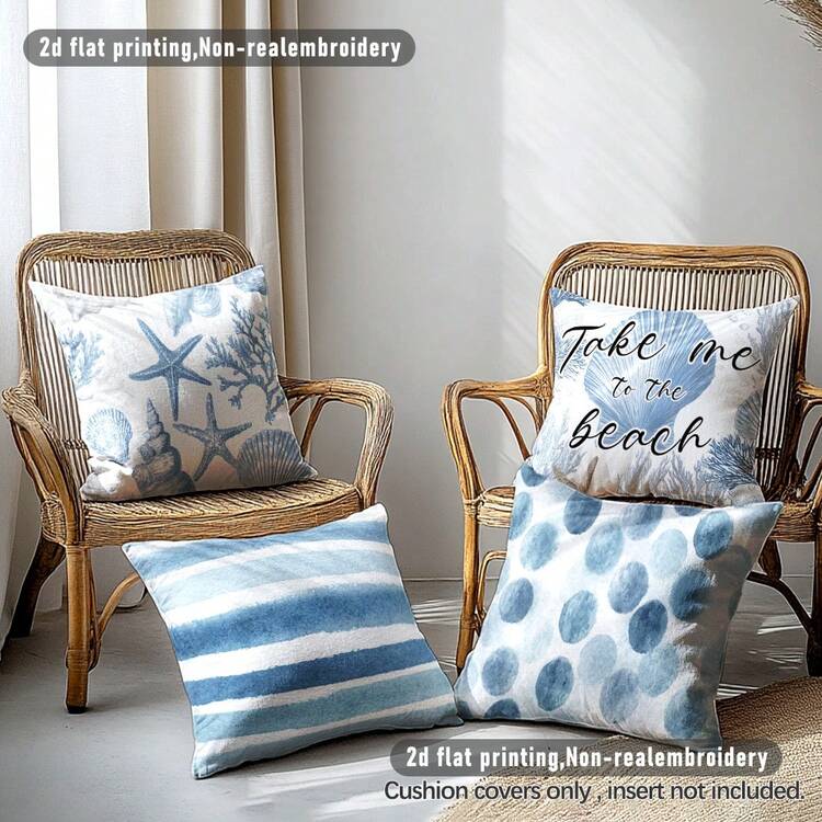 4pcs Simple Blue Ocean Coral Pattern Throw Pillow Covers, Single-Sided Printed Soft Peach Velvet Material, 45*45CM Cushion Covers Suitable For Home Bedroom Living Room Party Holiday Decor, Sofa Decorative Pillow Covers Gift, No Pillow Insert - Multicolor - View 7