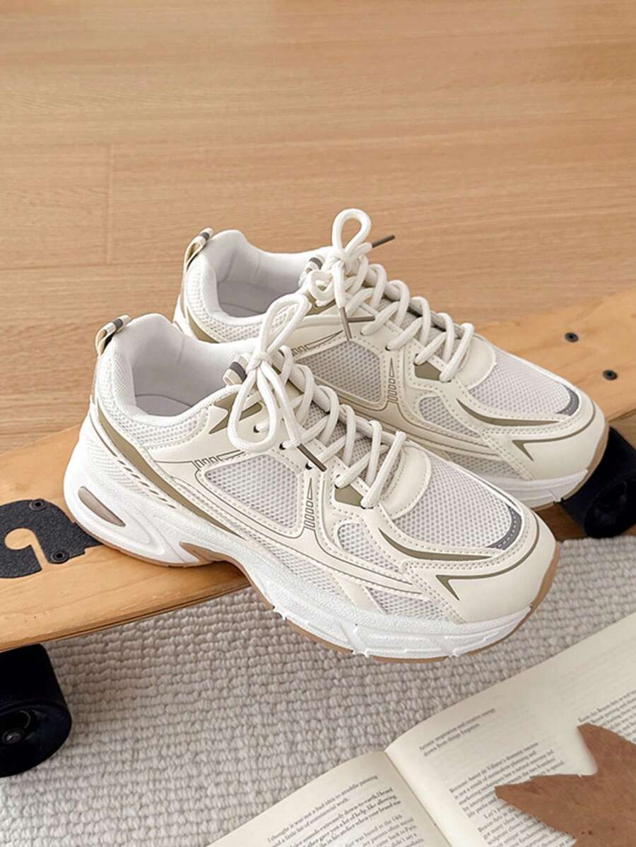 1双女士厚底运动鞋,轻便运动鞋,黑白撞色,透气网面,低帮,尺码36-42,街头风步行鞋 - 杏色 - 查看 1
