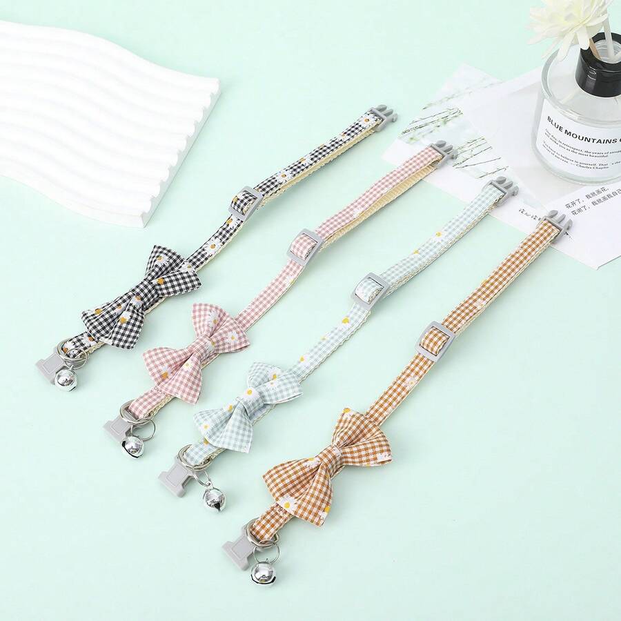 Adjustable Pet Collar With Plaid, Daisy Flower, Bow Tie, And Bell Pendant For Cats And Dogs - Multicolor - View 1