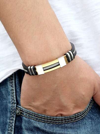 سوار رجالي من الفولاذ المقاوم للصدأ، سوار معصم من السيليكون مقاوم للماء