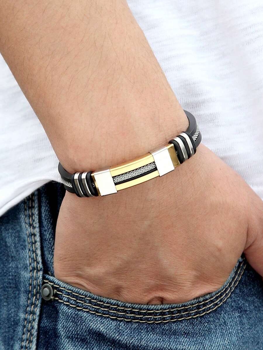 男士不锈钢手链，防水硅胶腕带 - 幾何 - 查看 1