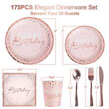 175PCS Happy Birthday Plates And Napkins Party Supplies Paper Pink And Rose Gold Plastic Forks Knives Spoons Serve 25 Guests For Girl Women - 粉紅色和玫瑰金 - 查看 3