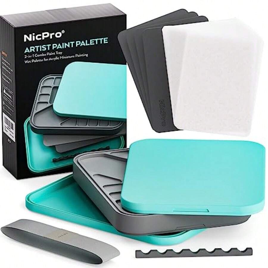 Nicpro Stay Wet Paleta para Kit de Pintura Acrílica en Miniatura Paletas de Bandeja de Pintura con 100PCS Papel de Paleta 4PCS Esponja Soporte para Pinceles Mezclador Paleta Ahorradora de Pintura - Azul - Ver 1