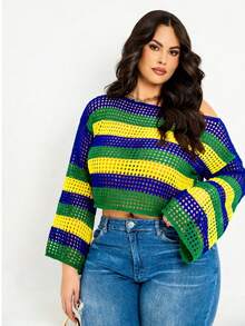 Plus Size Cropped Blouse Brazil World Cup Short Knit Off-Shoulder Cutout Fabric Brazil Look - Blue/Yellow/Green - View 1