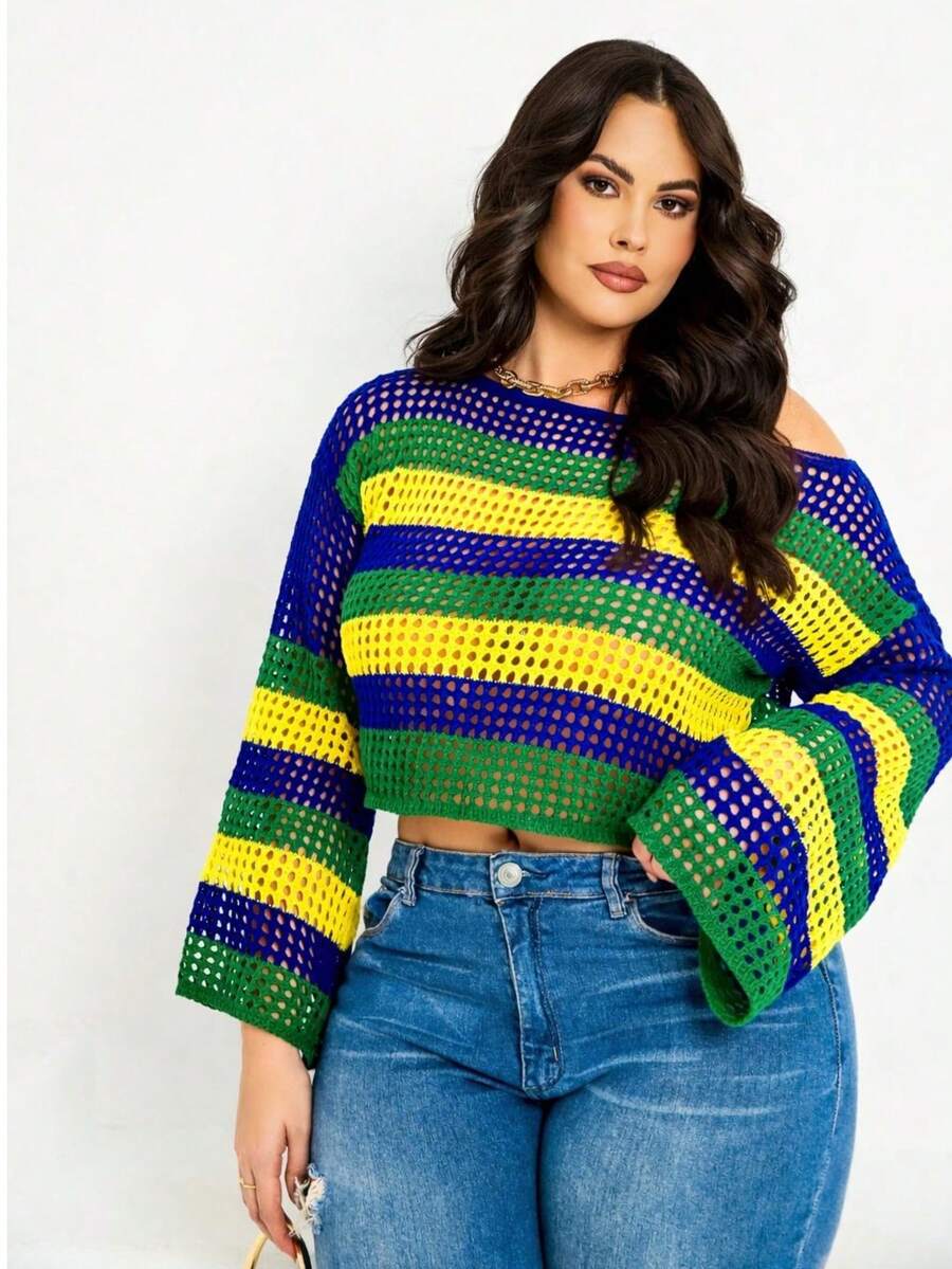 Plus Size Cropped Blouse Brazil World Cup Short Knit Off-Shoulder Cutout Fabric Brazil Look - Blue/Yellow/Green - View 1