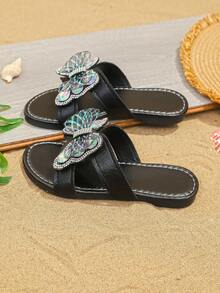 1 Paar schwarze Modepantoffeln für große Mädchen, glänzender bunter Strass-Schnallenverzierung, Mesh-Schleifen-Dekor, minimalistischer Rundkopf, weiches rutschfestes Slip-On-Design, bohemian-süße Prinzessin Strandflache Sandalen, geeignet für Alltag, Urlaub, Lässig, Feiertage, Partys, Frühling/Sommer Neuankömmling - Schwarz - Übersicht 4
