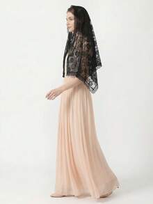 1pc Women's Vintage Rose Lace Hollow Out Shawl, Versatile Fashion Semi-Circle Lace Edge Shawl, Women's Single Party Church Bridal Veil Headpiece - Multicolor - View 3