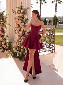 优雅褶裥A字裙摆露背蝴蝶结迷你裙，适合舞会、生日派对、正式晚宴、返校节、婚礼宾客、鸡尾酒会、家庭聚会等场合。 - 酒紅色 - 查看 6