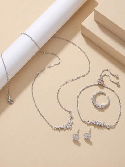 5 件套时尚简约花卉和叶子锆石首饰套装、项链、手链、戒指、耳环，适合派对、礼物和日常佩戴