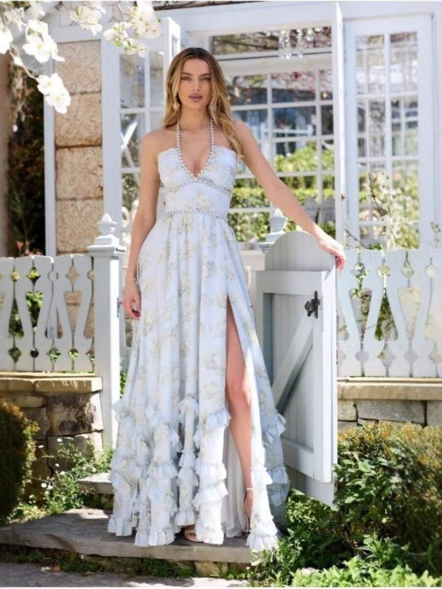 Fresh And Sweet French Vacation Atmosphere, Floral Women's Clothing With Elegant Temperament, Printed Slim Fit, Large Swing, Vacation Suspender Long Skirt - VICBLRS - 查看 1