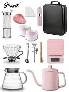shoxil 3/8/10/14/15pcs Pink & Coffee Color Set With Black Storage Box, Hand Drip Coffee Set, Drip Coffee Set, 2-4 Cups, Suitable For Home Gathering, Holiday Gift, Coffee Set, Coffee Accessories, Applicable To Living Room, Office, Bedroom,Outdoors, Camping, Picnic - Coffee Set - View 12