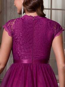 Women's Elegant Solid Color Lace & Mesh Patchwork Formal Prom Dresses, Party Gowns For Wedding Guest, Bridesmaid, Graduation, Cocktail, Formal Evening Spring - Red Violet - View 8