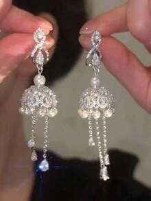Rundraw 2pcs New Luxury Elegant Teardrop Tassel Zirconia Inlaid Metal Silver Earrings, Suitable For Engagement, Wedding, Bride, Daily, Commute, Celebration, Party, Matching Daily Outfits And Accessories, Best Gift For Friends, Lovers, Valentine's Day, New Year - 銀色 - 查看 6