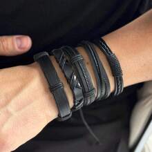 Bộ 5 vòng tay thủ công phong cách Punk, có thể phối hợp nhiều kiểu, đeo xếp lớp, làm từ da PU, trang sức Punk dành cho nam, quà tặng nam. - màu đen - Xem 9