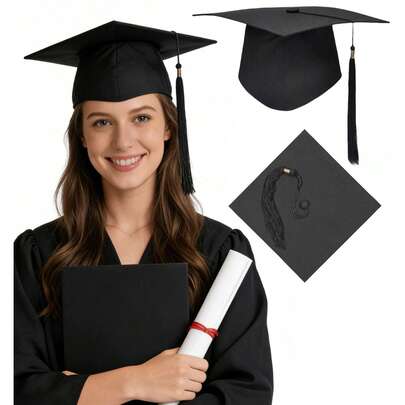 Mũ tốt nghiệp có tua rua điều chỉnh được, mũ cử nhân, thạc sĩ, tiến sĩ, màu đen, phù hợp cho người lớn, học sinh tốt nghiệp trung học và sinh viên cao học, trang trí tiệc prom.