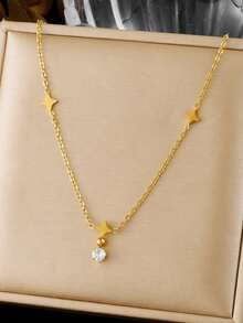 1件套优雅镶钻圆形吊坠镀金星形配饰链不锈钢首饰锁骨项链 - 金色 - 查看 1