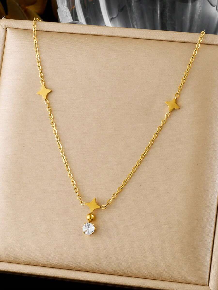 1件套优雅镶钻圆形吊坠镀金星形配饰链不锈钢首饰锁骨项链 - 金色 - 查看 1