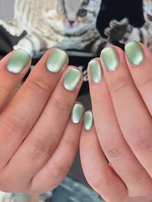 10pcs Short Square Light Green Cat Eye False Nails, Fresh Spring Green Full Cover Fake Nails Set With 1pc Glue Sticker And 1pc Mini File, Suitable For Women And Girls, Random Delivery - Green - View 6