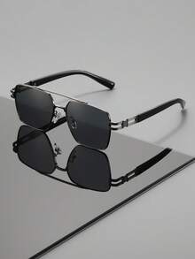 1 Pair Of Women's Black-Silver Double-Bridge Pilot Sunglasses, Metal Material, UV400 Sun Protection, Minimalist Pool-Style Sunglasses, Summer Vacation Style - Multicolor - View 7