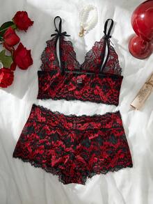 Bộ đồ ngủ ren phối màu đỏ và đen kiểu Pháp, áo hai dây ngắn gợi cảm. - Đỏ - Xem 3