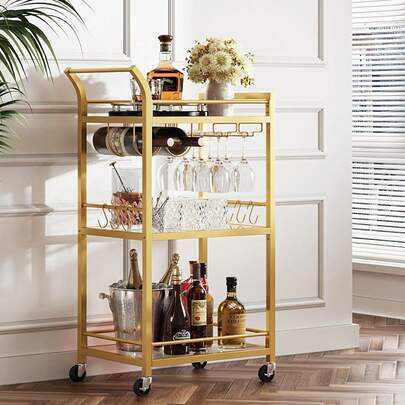 TUTOTAK - Carrito de bar para el hogar con estante de espejo de 3 niveles, estante de cocina móvil, carro de bebidas rodante, negro BC01BK034