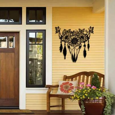 1PC Creative Butterfly Sunflower & Cow Skull Metal Wall Art Decor, Boho Chic Haning For Indoor Outdoor, Decoration For Bedroom Living Room Entrance Home, Housewarming Halloween Gift