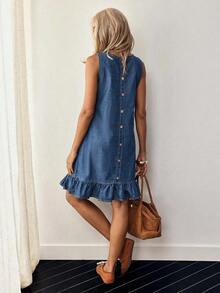Button Back Ruffle Hem Denim Dress - Blue - View 1