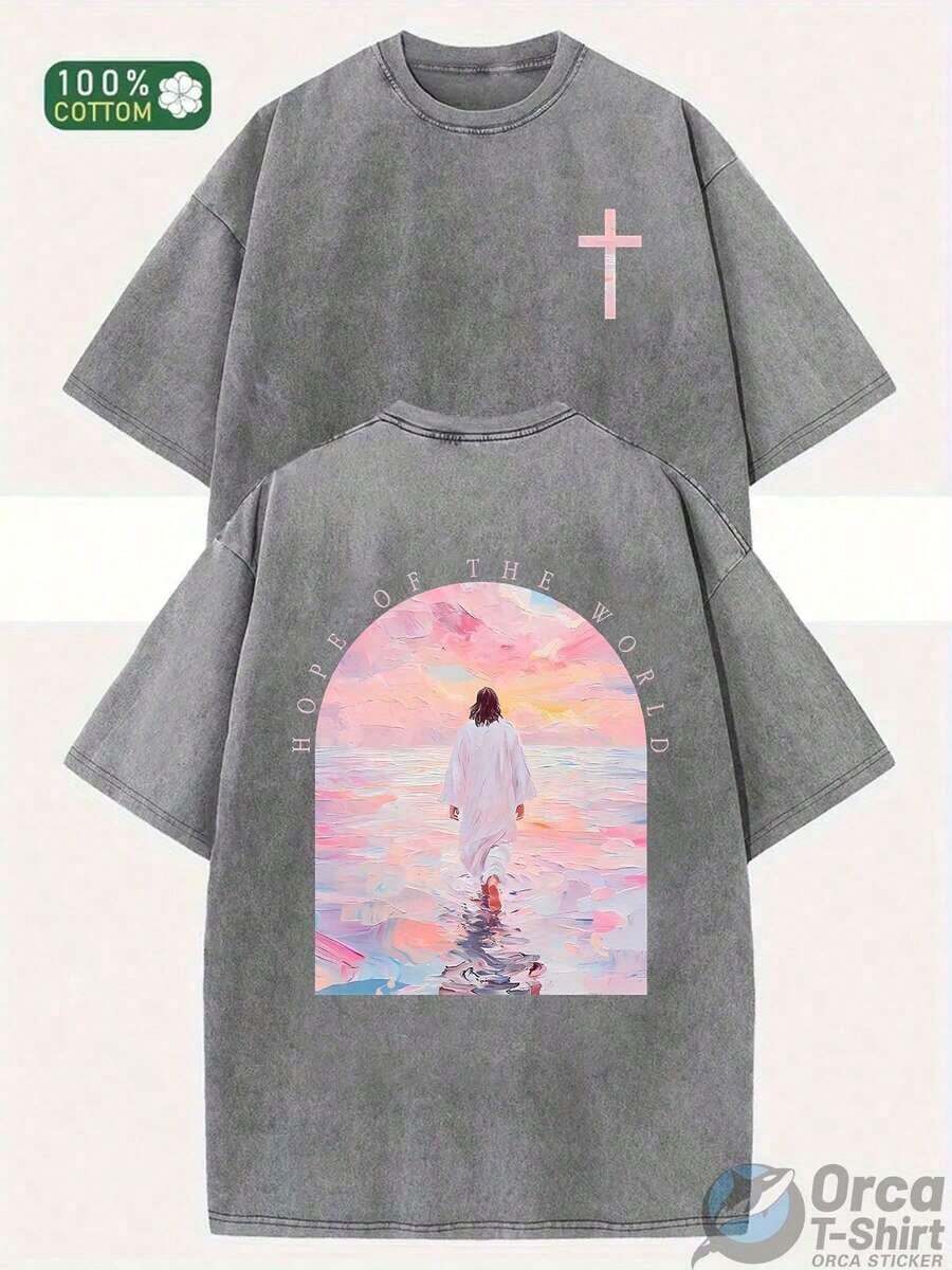 Heavyweight Wax-Printed T-Shirt - Unisex Oversized Round Neck Short Sleeve With Front & Back Christian Faith Design (Jesus Walking On Water, Cross & John 14:6 Bible Verse) - Machine Washable Summer Casual Church Wear, Easter Gift For Men & Women - 灰色 - 查看 1
